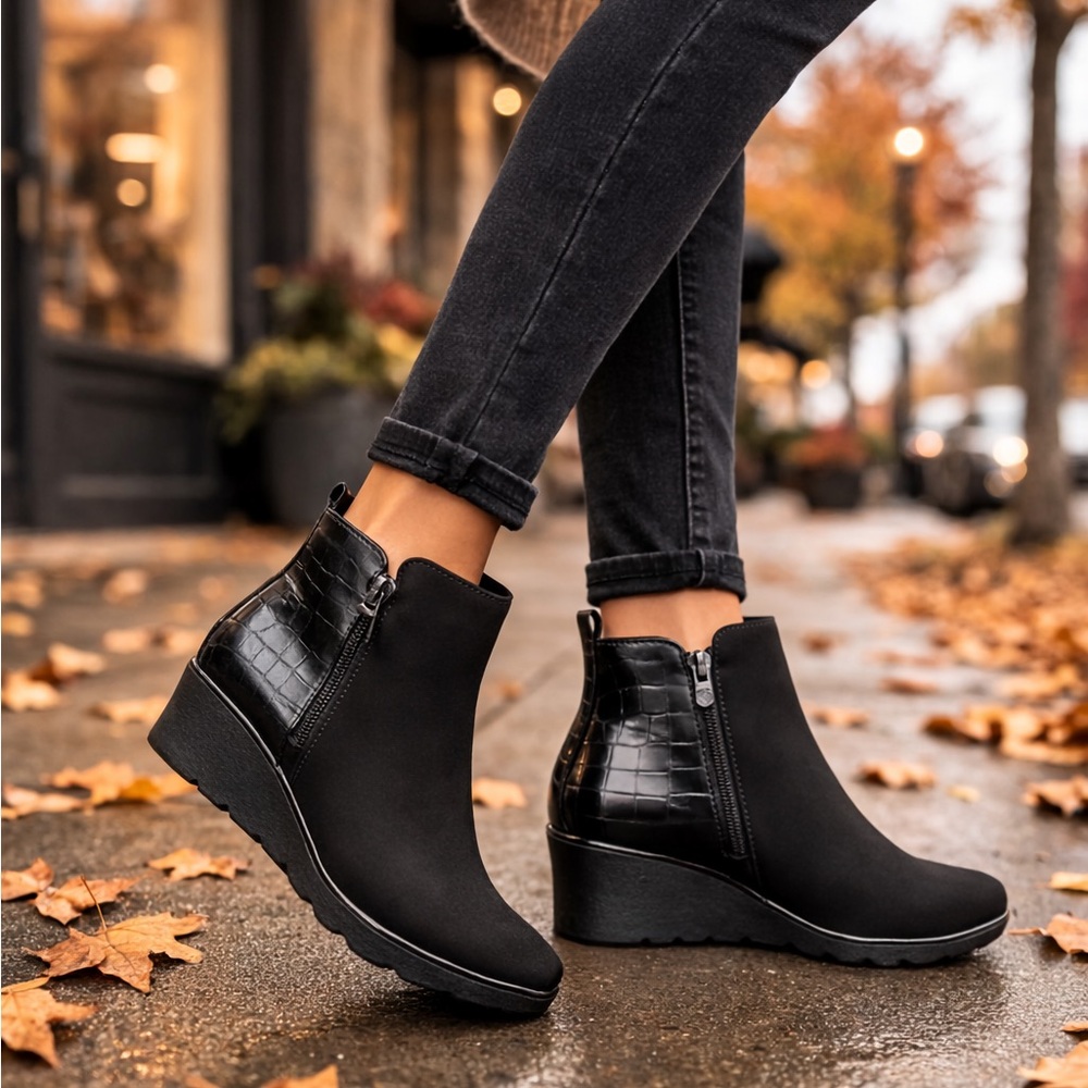 AK Sport Black Wedge Ankle Boots Water Resistant Side Zip Womens 8.5 M New